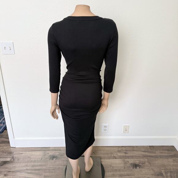 [Michael Stars] Black Ribbed Knit Midi Dress Round Neck 3/4 Sleeves Size Large L - Picture 3 of 11